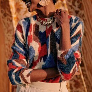 Sezane Julion Jumper Multicolor Blue Red Print French Knit